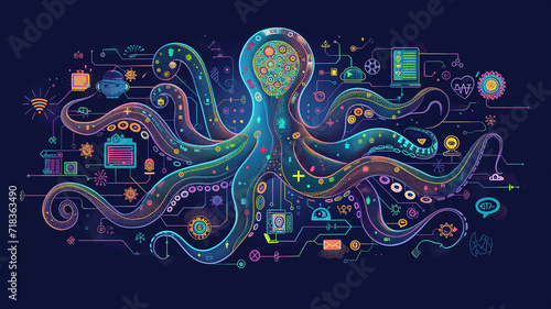 AI Technology and Digital Brain Octopus Illustration