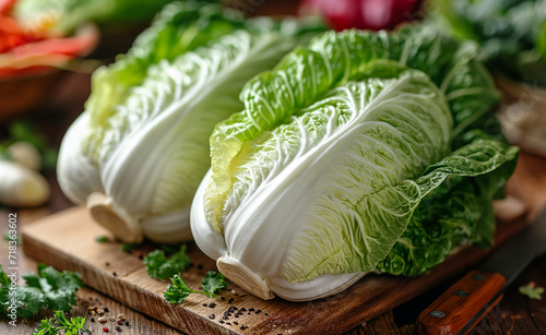 Crisp Napa cabbage with savoy and onions, vibrant green leaves, perfect for salads and stir-fries photo