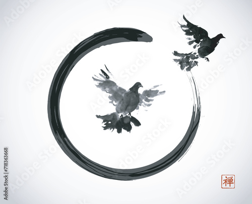 Minimalist ink wash painting with two doves flying out of the in black enso zen circle on white background. Traditional oriental ink painting sumi-e, u-sin, go-hua. Translation of hieroglyph - zen