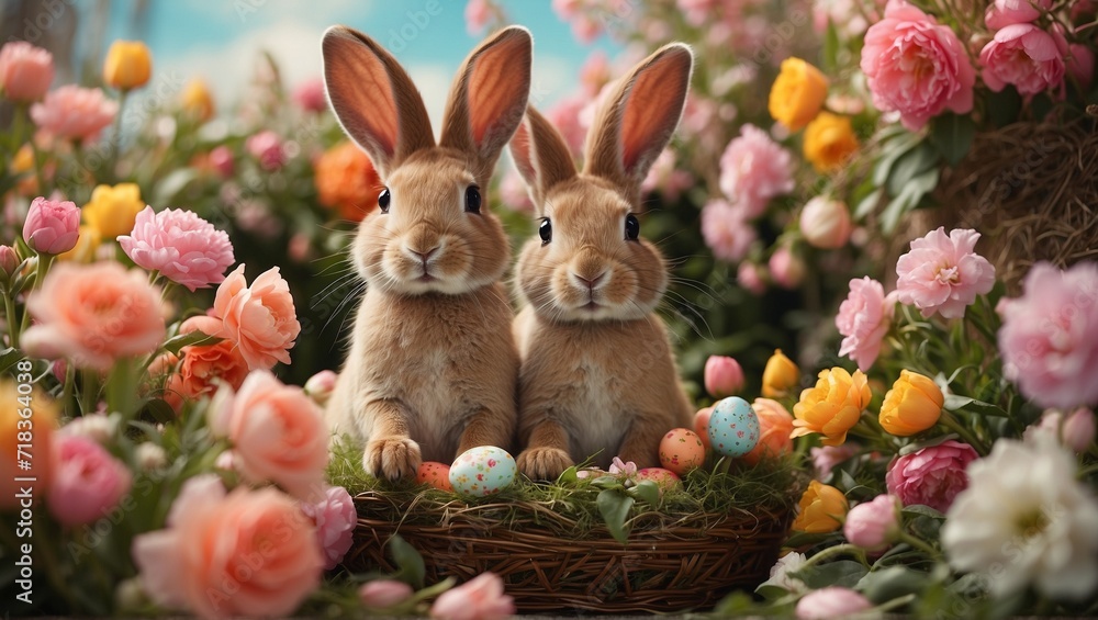Adorable Easter Bunnies with Eggs in a Flower Basket Adorable Easter Bunnies with Eggs in a Flower Basket