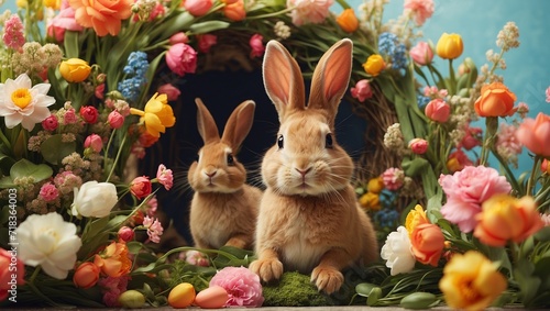 Joyful Easter Bunnies in a Spring Floral Wreath