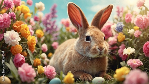 Curious Bunny Amongst Vibrant Spring Flowers