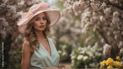Elegant Spring Fashion - Woman in Pastel Dress and Hat