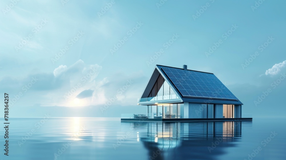 beautiful innovative white house with solar panels and green trees on a beautiful hill above the sea and a blue sky beautiful innovative white house with solar panels and green trees on a beautiful hill above the sea and a blue sky