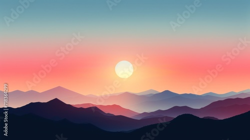  a sunset view of a mountain range with the sun rising over the top of the mountains in the foreground.