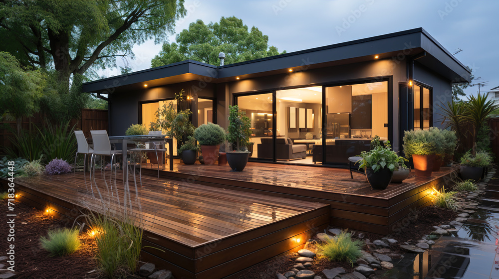 Fototapeta premium A garden with a Modern house extension renovation terrace design
