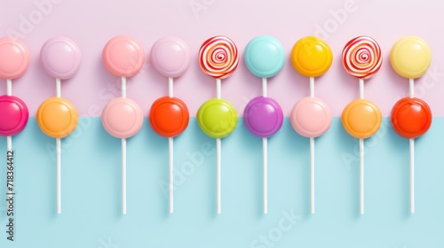  a row of lollipops sitting on top of each other on top of a blue and pink background.