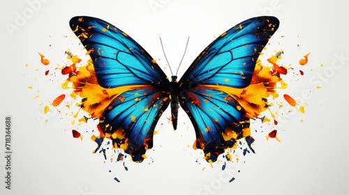 A vibrantly colored butterfly, blending blue, yellow, and orange, adorned with elegant Halloween accents, fluttering serenely on a white canvas. butterfly on a white background