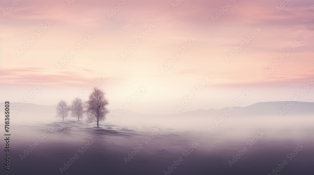 Obraz premium a foggy landscape with a lone tree in the foreground and a distant mountain range in the far distance.