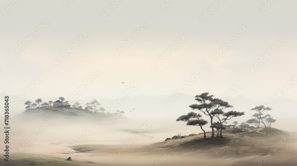 Fototapeta premium a painting of a foggy landscape with trees in the foreground and a bird flying over the top of a hill.
