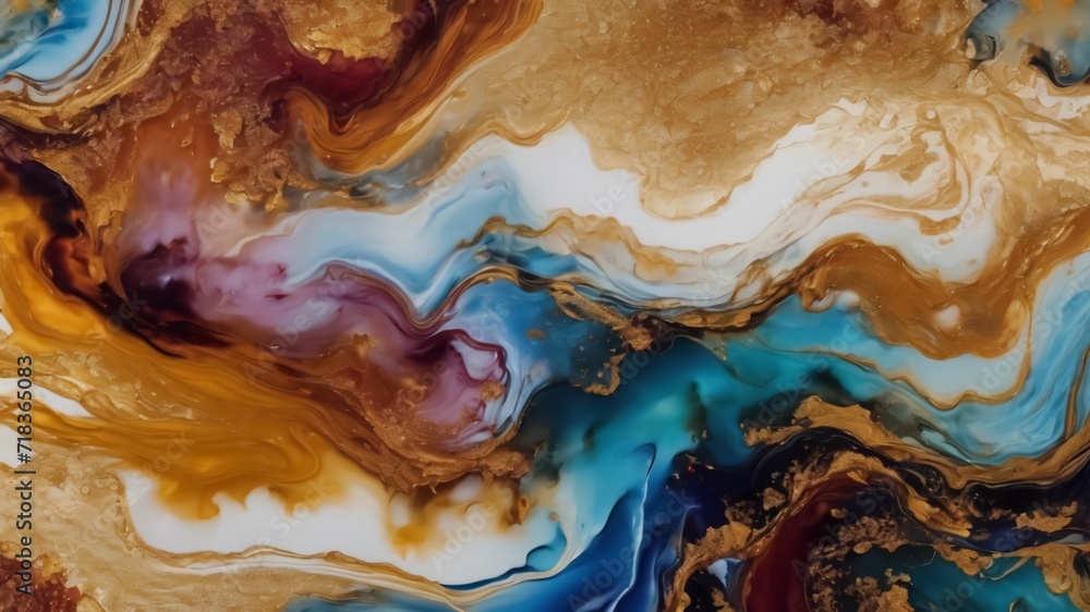 Natural luxury abstract fluid art painting in alcohol ink technique. Tender and dreamy wallpaper. Mixture of colors creating transparent waves and golden swirls. For posters, other printed material.Ai