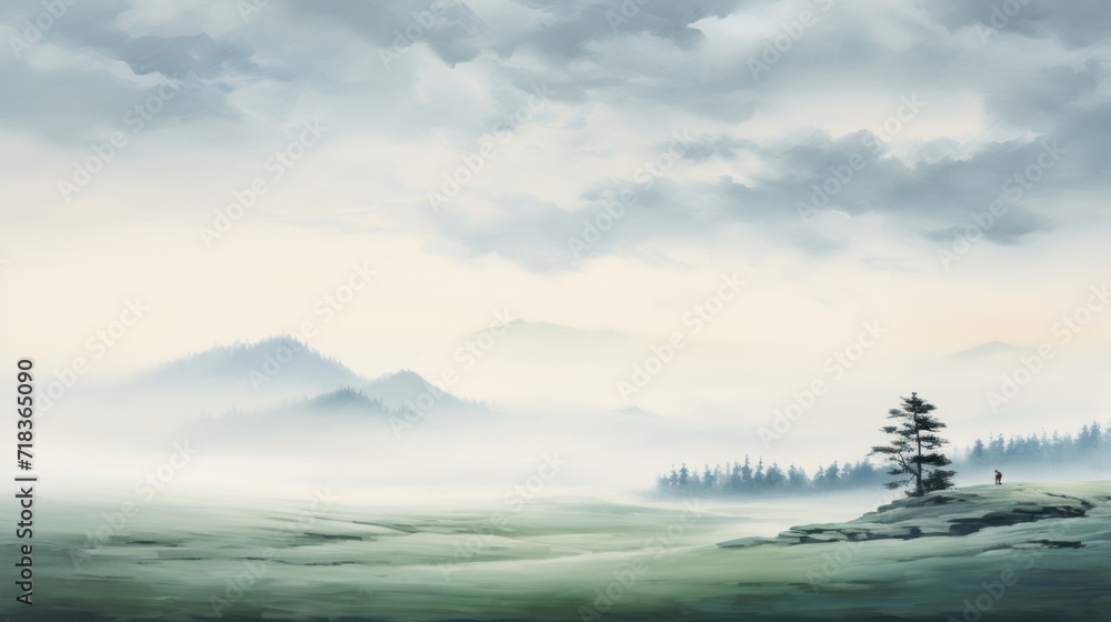  a painting of a person standing on a small island in the middle of a foggy field with mountains in the distance.