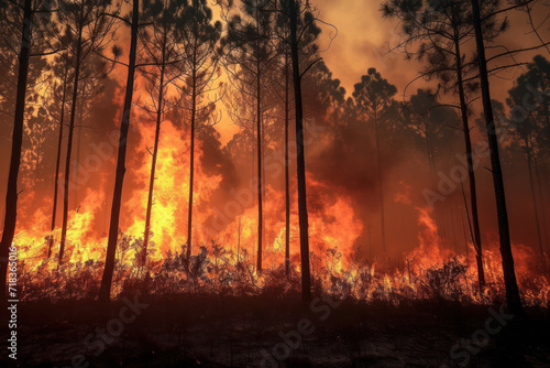 Huge wildfire burning severely in Florida jungle woods. Hot flames in forest. Thick smoke rising up