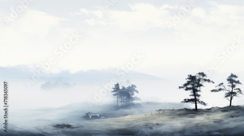  a painting of a foggy landscape with trees in the foreground and a distant mountain in the back ground.