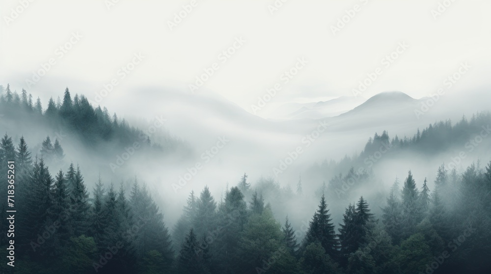  a forest filled with lots of green trees covered in a blanket of fog and smoggy skies with mountains in the distance.