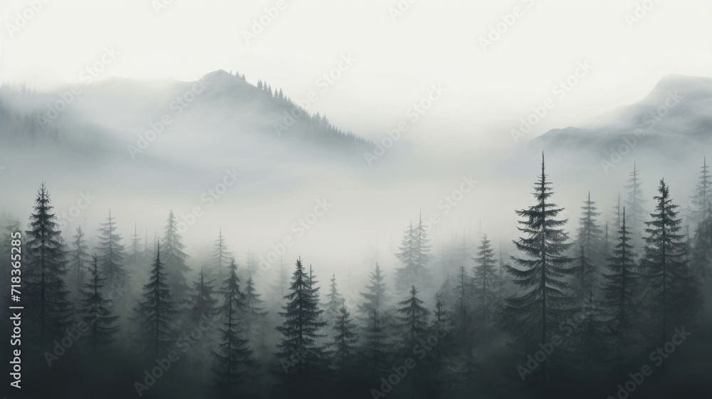  a black and white photo of a foggy forest with pine trees in the foreground and mountains in the background.