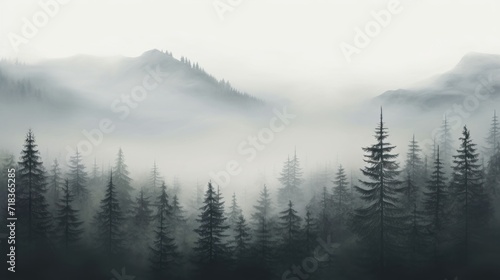  a black and white photo of a foggy forest with pine trees in the foreground and mountains in the background. © Anna