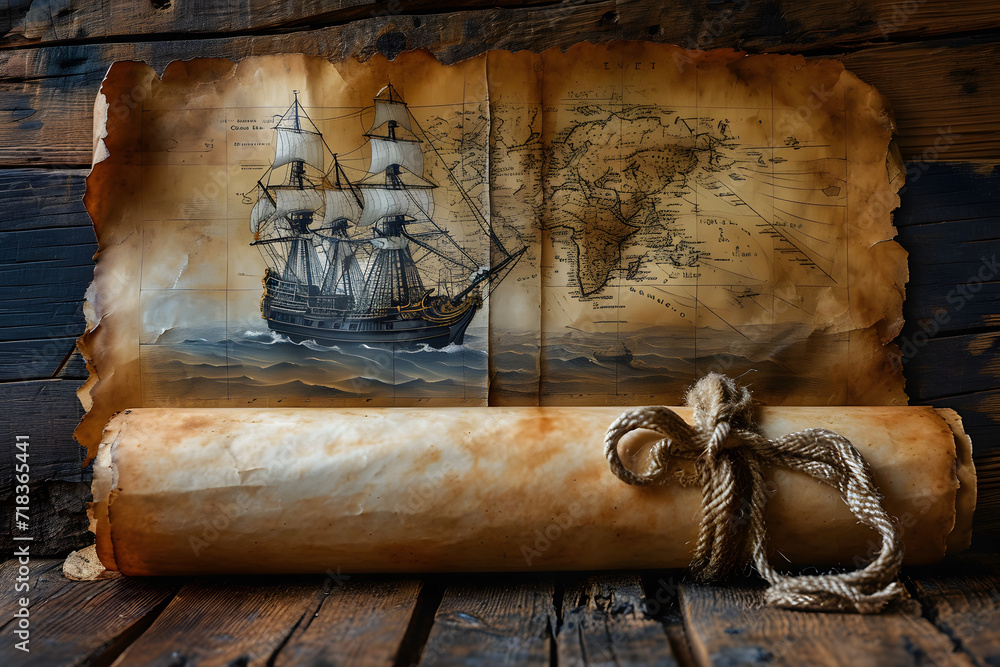 Viaje a través del tiempo: un mapa antiguo despliega rutas de navegación y leyendas marítimas. - obrazy, fototapety, plakaty 