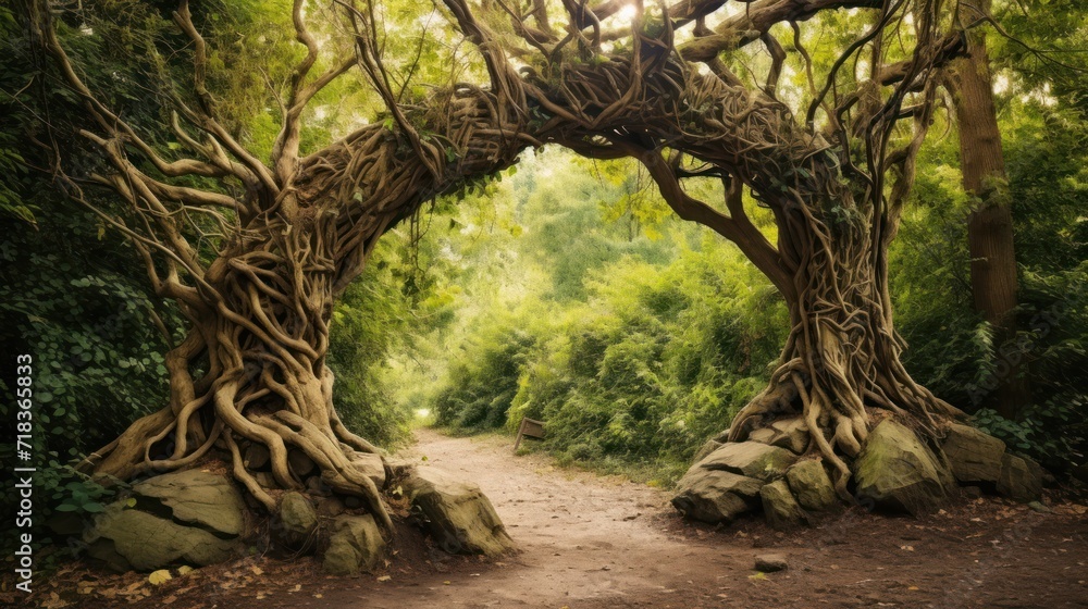 Naklejka premium a path in the middle of a forest with trees growing out of it's sides and rocks on either side of the path.