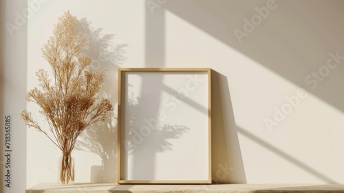 a modern living room, blank photo frame prominently displayed on a light beige wall. Soft natural lighting, minimalist decor, dried plants