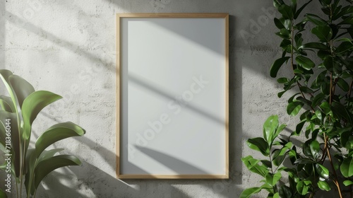 Blank wooden frame mockup on a textured gray wall with vibrant green plant leaves in the foreground and soft shadows