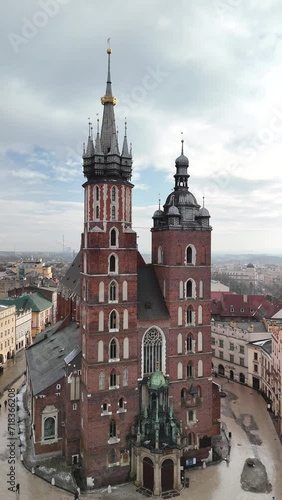 Aerial view Kraków St. Mary's Basilica old town market square
