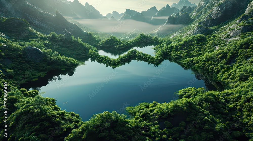 Refreshing green leaves of waterside in the mountain lake, reflection silhouette of trees in the water