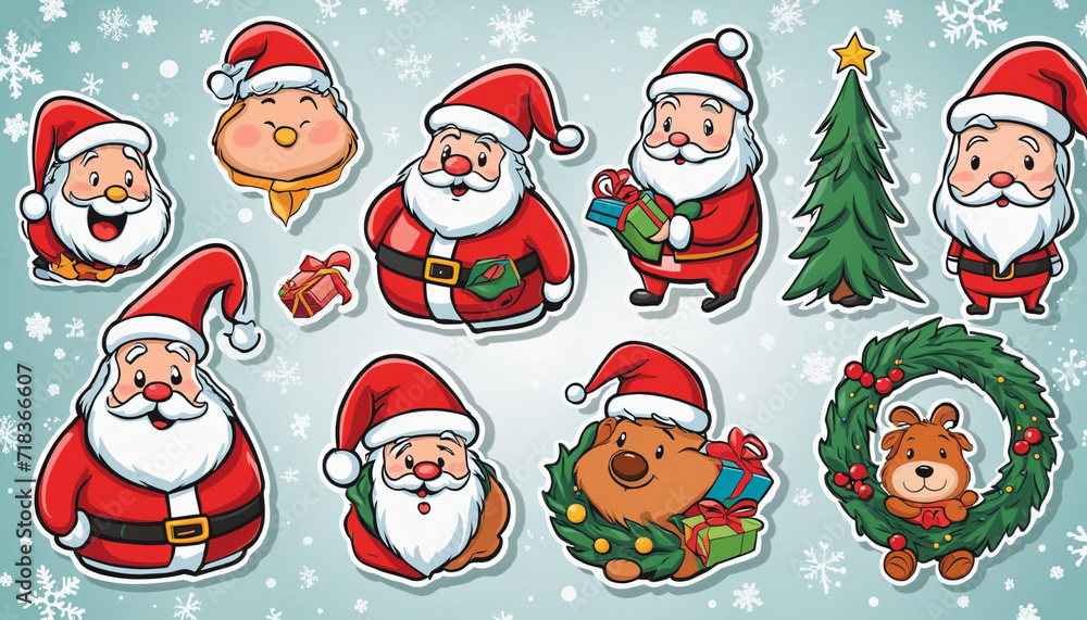 Unique Christmas cartoon characters stickers for festive party. Vintage retro illustrations on white background. Fun holiday label pack for celebration. Unique Christmas cartoon characters stickers for festive party. Vintage retro illustrations on white background. Fun holiday label pack for celebration.