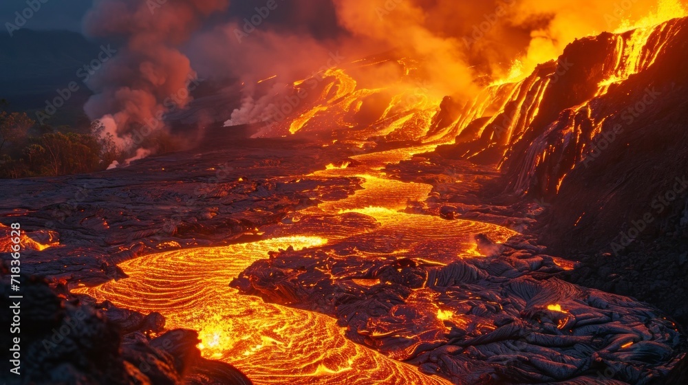 lava from an active volcano sliding in flames on a hill with daytime fire in high resolution and quality
