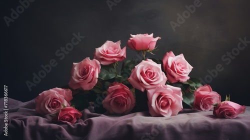  a bunch of pink roses sitting on top of a purple cloth on top of a black tableclothed surface.