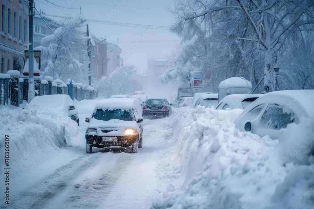 Natural disasters, snow storm with heavy snow paralyzed the city. Kolaps. Snow covered the cyclone Europe