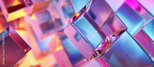 3d rendering Cubic holographic geometric shapes with glossy metallic reflection background.