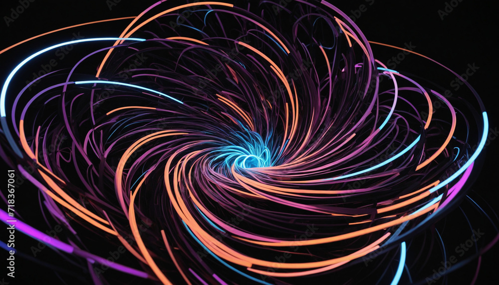 Neon abstract wallpaper with swirling lines and particles on black background.