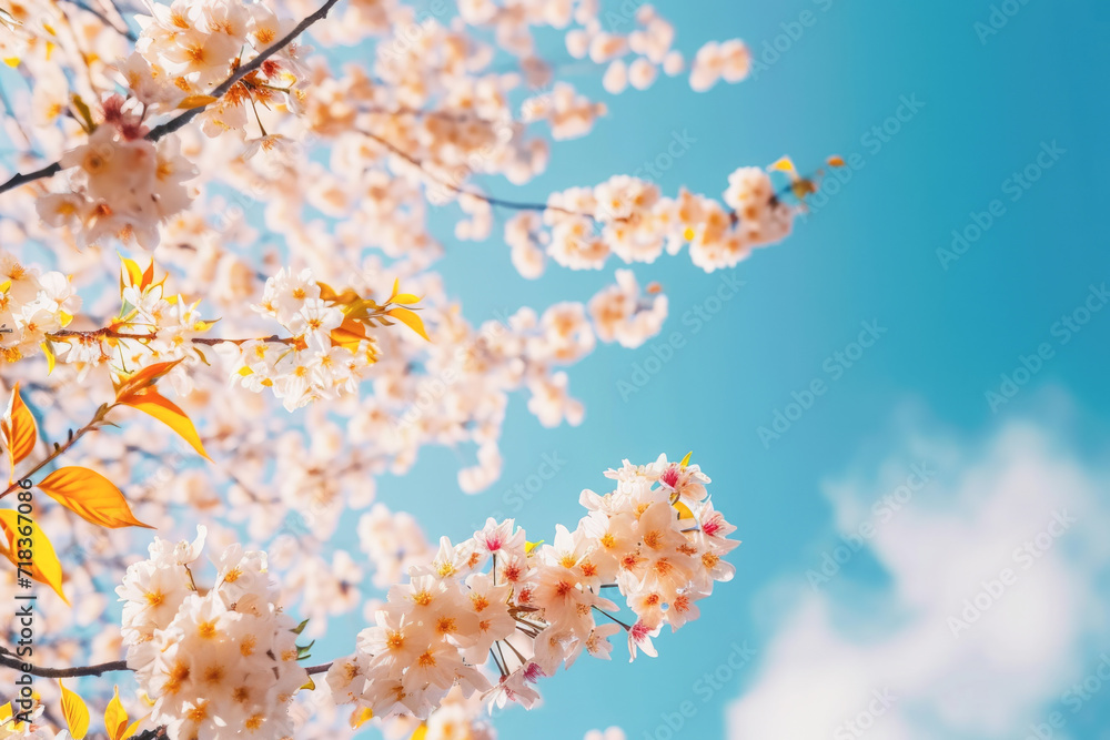 cherry blossom on blue sky background with copy space for your text