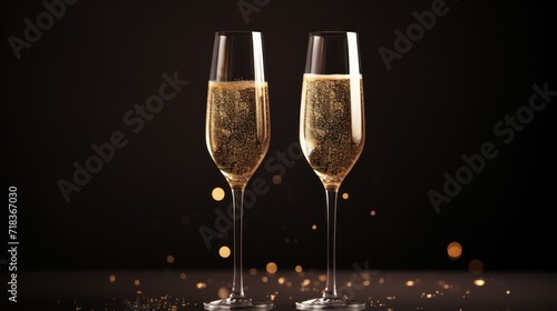  two glasses of champagne on a table with a black background and gold confetti on the bottom of the glasses.