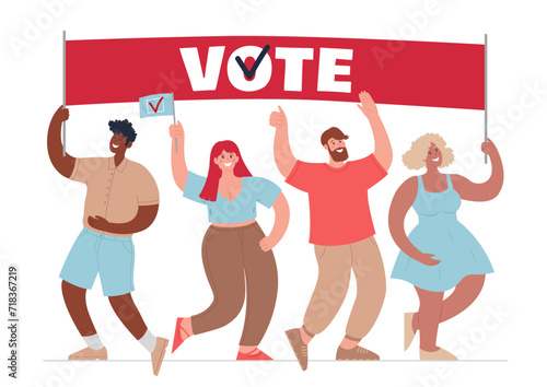 Diverse people with Vote poster. Call for voting. Modern poster illustration.