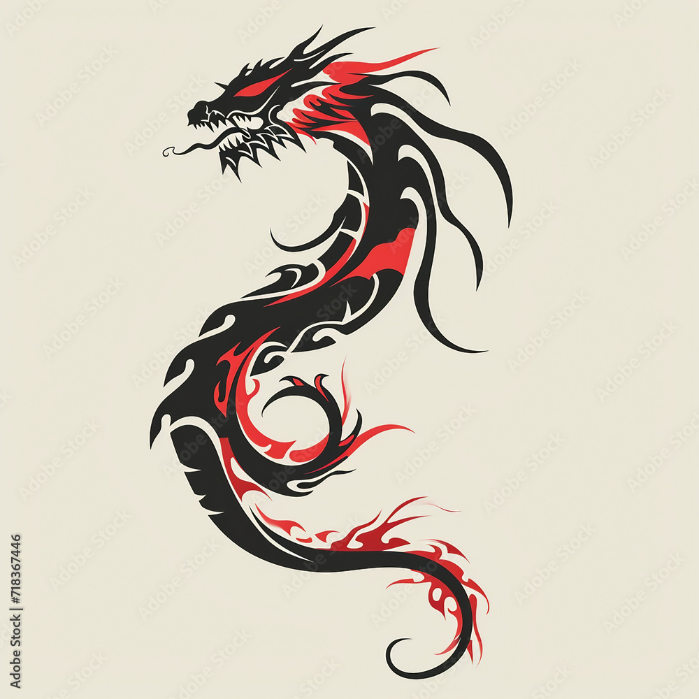 Tattoo design in flat vector style - abstract dragon in red and black tones 