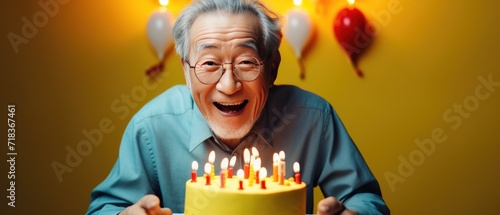Senior man with a birthday cake with candles. Elderly man with birthday cake. Birthday concept with copy space. Birthday cake. Birthday Celebration.