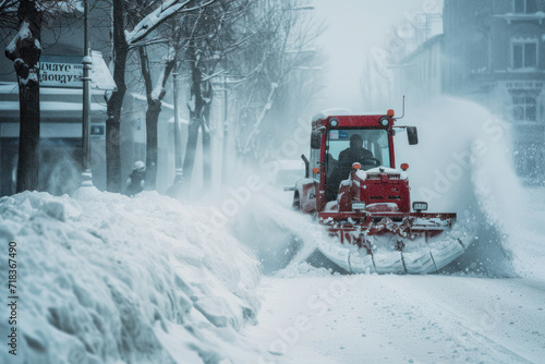 Machinery snowblower. Natural disasters winter, blizzard, heavy snow paralyzed the city, collapse 