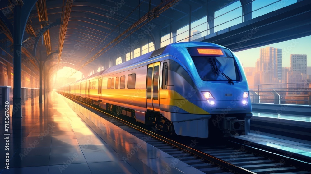  a train traveling through a train station next to a tall building with a clock on the side of the train.