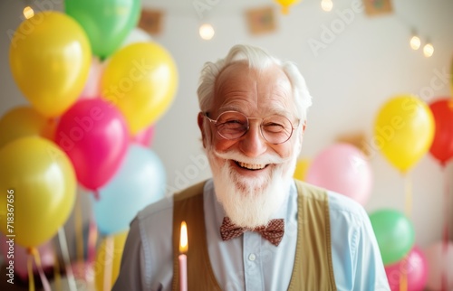 Portrait of senior man with birthday cake and colorful balloons at birthday party. Birthday concept with copy space. Birthday cake. Birthday Celebration.