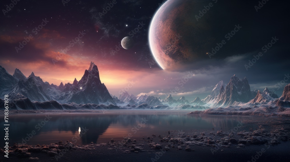  an alien landscape with mountains, rocks, and a body of water in the foreground and a distant planet in the background.