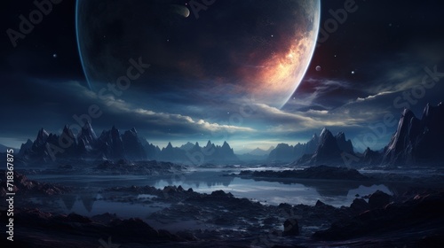  a painting of an alien landscape with mountains and a body of water in the foreground and a distant planet in the background.