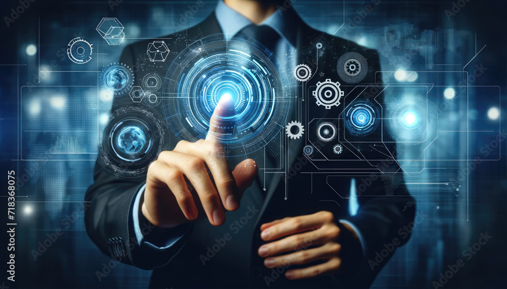 Fototapeta premium A businessman touches a high-tech holographic interface displaying gears and data analytics, symbolizing modern business solutions.