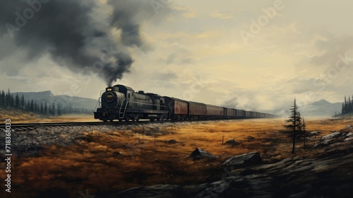  a painting of a train on a train track with smoke coming out of the top of the train and trees on the other side of the track.