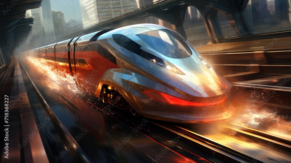 Obraz premium a silver and red train traveling down train tracks in the middle of a city with tall buildings in the background.
