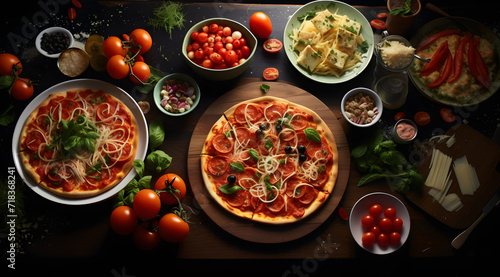 Variety of italian meals on a table from the top pov. Caprese, Carpaccio, Salad, Bruschetta, Ravioli, Pasta, Pizza, Spaghetti, Tomato. Generative AI