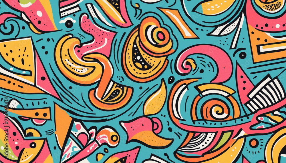 Colorful Retro 80s Style Seamless Pattern with Creative Line Drawing