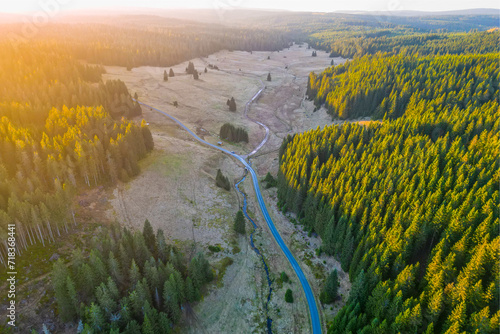 Coniferous forest at sunset from an aerial drone perspective. Valley landscape with an asphalt road and a stream in the Ore Mountains region, Czech Republic.