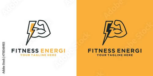 muscular arms with a combination of energy signs. fitness logo design template. logo for sports, fitness and physical health photo